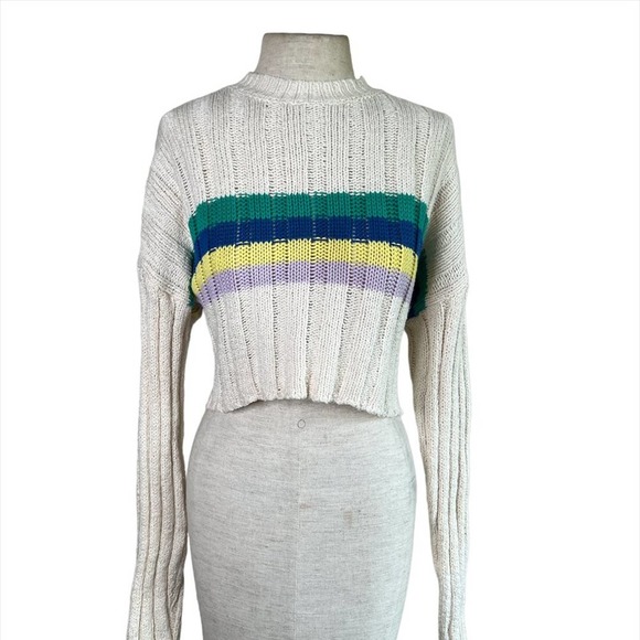Crop Knit Sweater Pullover Striped Drop Shoulder Long Sleeve - Picture 9 of 9